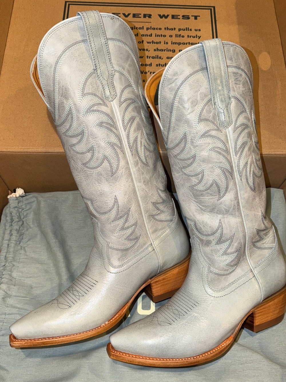 Tecovas Slate Blue Leather Western Boots with Tan Trim - Picture 3 of 6